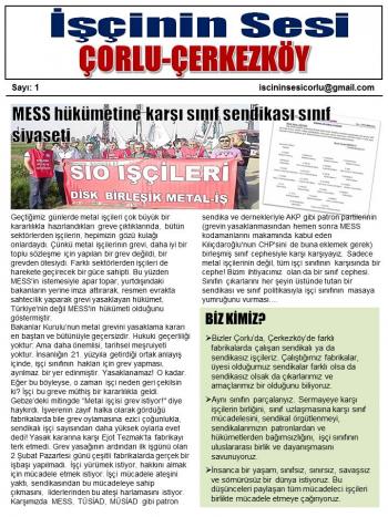 İşçinin Sesi Çorlu Çerkezköy Sayı 1 kapak